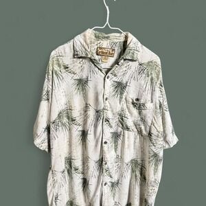 Caribbean Blues Tropical Palm Print Button Up Camp Shirt Mens Large Cream Sage